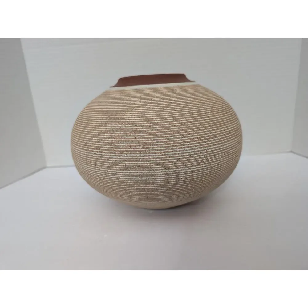 Renee Margolin Studio Pottery Vase Fine Grooved Sphere Ceramic Art Piece